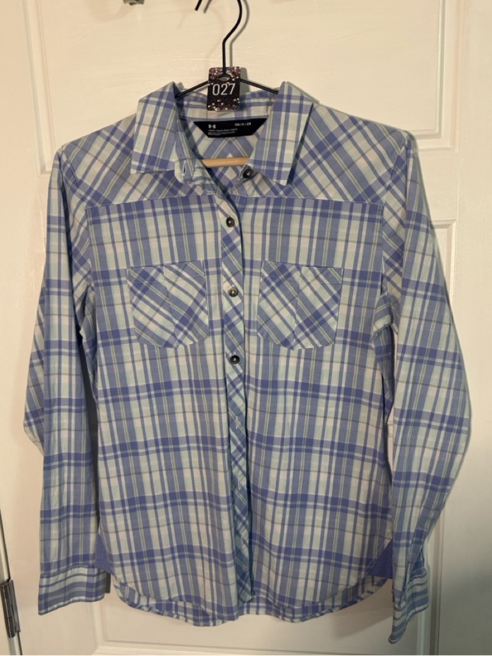 #27 Under Armour Women's Light Blue and White Plaid Shirt